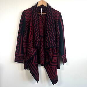 Lea & Nicole Open Front Cardigan Aztec Geometric Print Waterfall Front Black Red